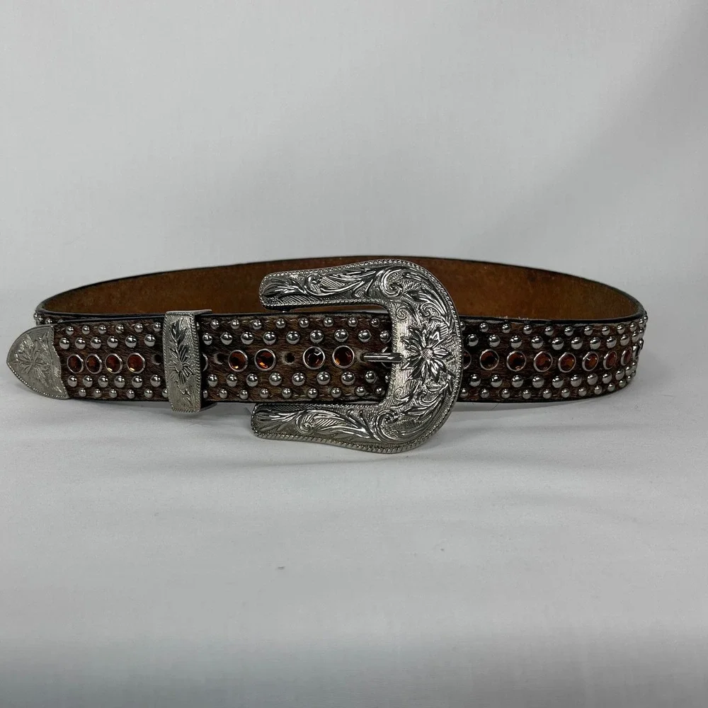 Western Brown Calf Hair Rhinestone Studded Belt – Silver Ornate Buckle (Size 32)